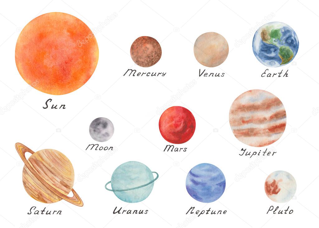 Watercolor illustration of hand painted all planets of Solar system with star Sun and satellite Moon. Mercury, Venus, Earth, Mars, Jupiter, Saturn, Uranus, Neptune, Pluto with handwritten names