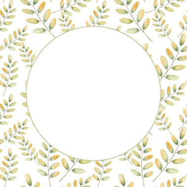 Frame from watercolor illustration hand painted of tree leaves in autumn yellow and green colors isolated on white. Forest nature blank card template for party, wedding invitations, greeting postcards
