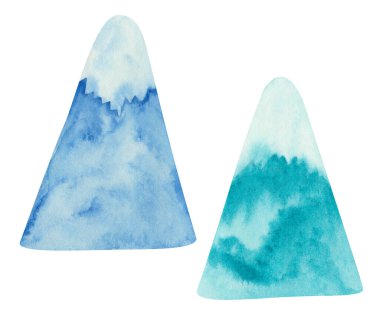 Watercolor illustration hand painted blue mountains, huge bank of snow for Christmas, New Year isolated on white. Winter clip art elements for design postcard, poster, packaging, fabric material