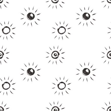 Watercolor seamless pattern from hand painted illustration of abstract sun with beams in black color in doodle style. Monochrome print on white background for design postcards, fabric textile