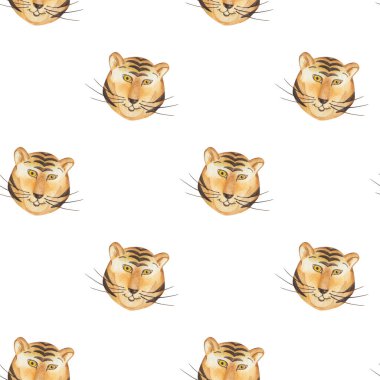 Watercolor seamless pattern from hand painted illustration of tiger heads with smile, whiskers, stripes on fur on white background. Print with cartoon wild animals for design postcard, fabric textile