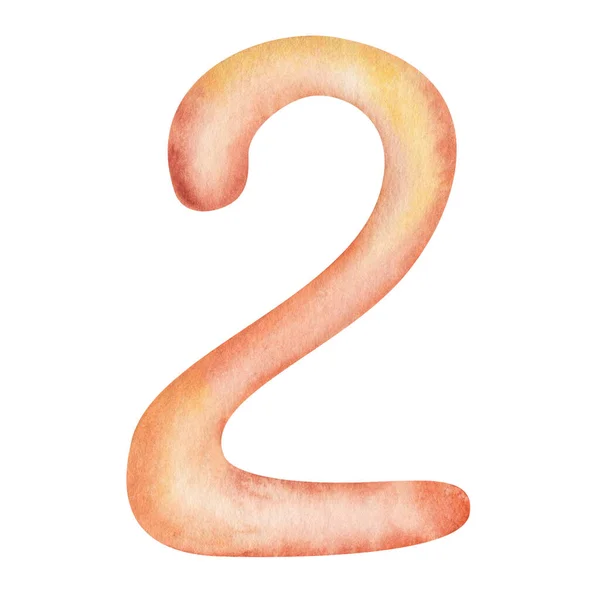 Watercolor Illustration Hand Painted Number Two Orange Yellow Color Isolated — Photo