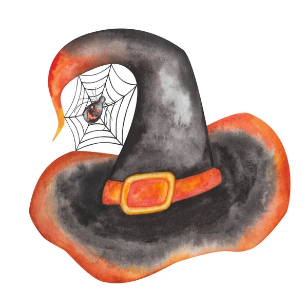 Watercolor illustration of hand painted hat in black, orange colors with buckle, insects spiders, cobweb, net. Witch, wizard crooked hat. Isolated clip art for Halloween cards, packaging paper, prints