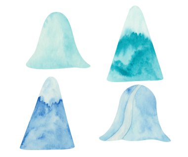 Watercolor illustration hand painted blue mountains, huge bank of snow for Christmas, New Year isolated on white. Winter clip art elements for design postcard, poster, packaging, fabric material