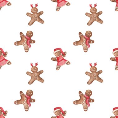 Watercolor seamless pattern from hand painted illustration of brown gingerbread cookies of little man, woman on white background. Design print for Christmas, New Year, winter packaging paper, textile