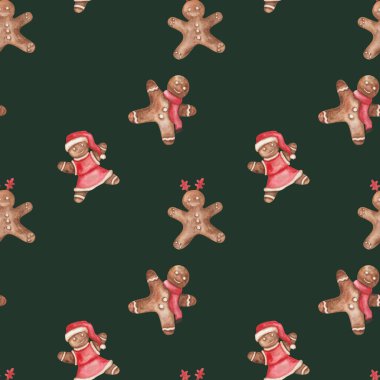 Watercolor seamless pattern from hand painted illustration of brown gingerbread cookies of little man, woman on green background. Design print for Christmas, New Year, winter packaging paper, textile