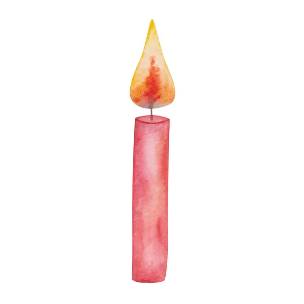 Watercolor illustration hand painted wax red long candle with yellow flame fire on wick isolated on white. Illumination clip art element for cozy autumn, winter evenings, design postcards, posters