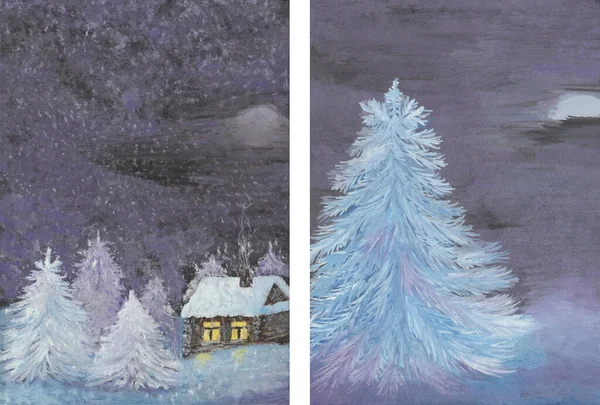 Gouache hand painted illustrations of fir trees under the snow, wooden house, snowdrifts, moon on night sky. Snowy winter forest in dark blue and purple colors. Art for design postcards, posters