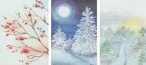 Gouache hand painted illustrations of snowy winter forest, green fir trees, snow, sun, sunrise, rowan tree with red berries, snowbanks, full white moon, dark night sky. Art for design postcard, poster