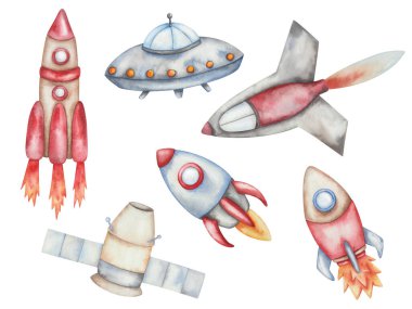 Watercolor illustration of hand painted rockets, sattelite, spacecraft with fire flying in outer space. Spaceships in red, blue, beige color. International Day of Human Space Flight. Isolated clip art
