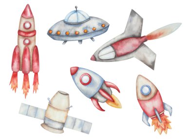 Watercolor illustration of hand painted rockets, sattelite, spacecraft with fire flying in outer space. Spaceships in red, blue, beige color. International Day of Human Space Flight. Isolated clip art clipart