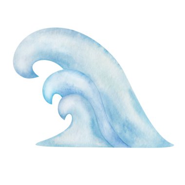 Watercolor illustration of hand painted ocean, sea waves, blue splash of water, fountain. Isolated beach summer clip art element in cartoon style for fabric textile, postcard design, banners, posters