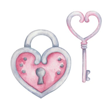 Watercolor illustration of hand painted pink and grey key and padlock in heart shape isolated on white. Clip art design element for birthday postcard, wedding invitation. Love card for Valentine's Day