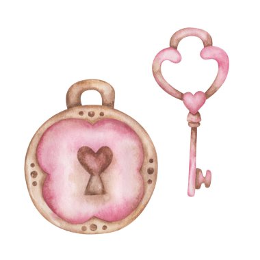 Watercolor illustration of hand painted pink and brown key and padlock in heart shape. Isolated clip art design element for birthday postcard, wedding invitation. Love card for Valentine's Day
