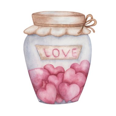 Watercolor illustration of hand painted jam jar with pink heart candies and hand written word Love. Isolated on white design clip art for love card for Valentine's Day, Christmas. Medicine pill