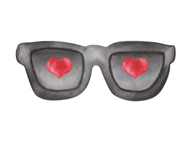 Watercolor illustration of hand painted black sunglasses with red hearts inside. Personal accessory. Isolated on white clip art element for greeting postcard, invitation. Love card for Valentine's Day