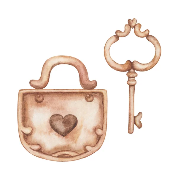 Watercolor Illustration Hand Painted Rusry Brown Key Padlock Hearts Isolated — Stockfoto