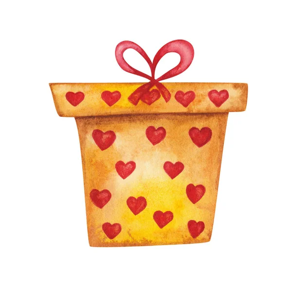 Watercolor Illustration Hand Painted Yellow Gift Box Red Hearts Bow — Stok fotoğraf