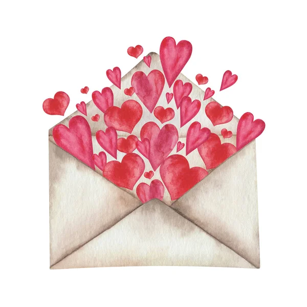 Watercolor illustration of hand painted open beige paper envelope with many red little hearts. Isolated design postal clip art element for wedding invitation, birthday. Love card for Valentine\'s Day