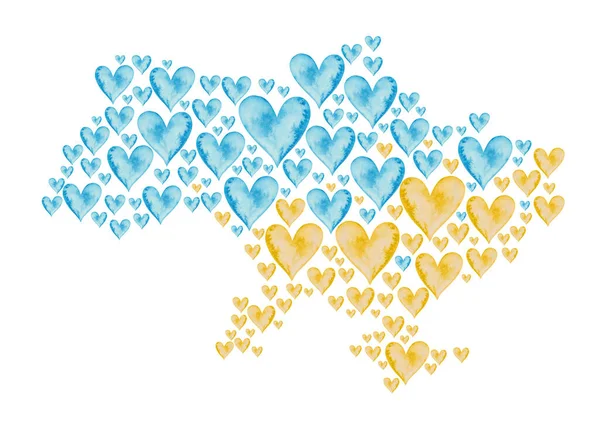 Watercolor Illustration Hand Painted Blue Yellow Hearts Shape Ukraine Map — Photo