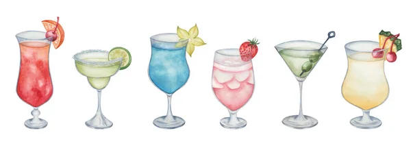 Watercolor Illustration Hand Painted Red Yellow Cocktails Glass Fruits Berries — ストック写真