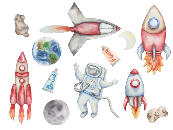 Watercolor illustration of hand painted spacemen, spaceship, spacecraft, rocket with fire, planet earth, moon, meteorite, tubes with food and drinks. Isolated space clip art for pattern making, cards