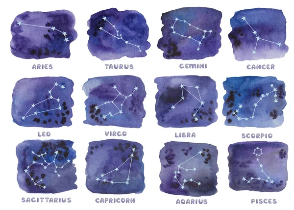 Watercolor illustration of hand painted constellation: Aries, Taurus, Gemini, Cancer, Leo, Virgo, Libra, Scorpio, Sagittarius, Capricorn, Aquarius, Pisces on sky background. Zodiac sign, star, planet