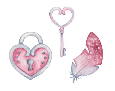 Watercolor illustration of hand painted key, padlock in heart shape, quill feathers blue and pink. Isolated on white clip art elements for postcard, wedding invitation. Love card for Valentine's Day