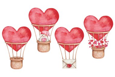 Watercolor illustration of hand painted red air ballon in heart shape with basket, cartoon dwarf, gnome, envelope. Isolated clip art elements for wedding invitation. Love card for Valentine's Day