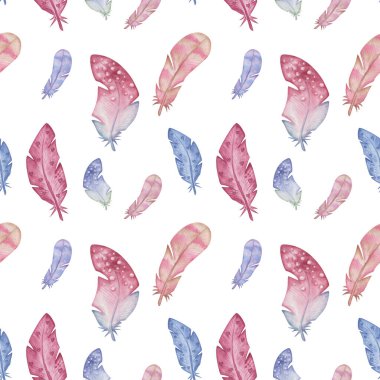Watercolor seamless pattern from hand painted illustration of pink, blue, brown wild bird's feathers. Print on white background in boho style for design postcard, fabric textile, wedding invitation