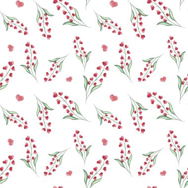 Watercolor seamless pattern from hand painted illustration of red hearts as flowers with green leaves. Design print on white background for design postcard, fabric textile, wedding invitation