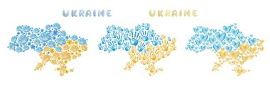 Watercolor illustration of hand painted Ukraine maps from blue and yellow hearts, flowers, hand palms, words. Colors of Ukrainian flag. Government concept of patriotism, peace. Independence day poster