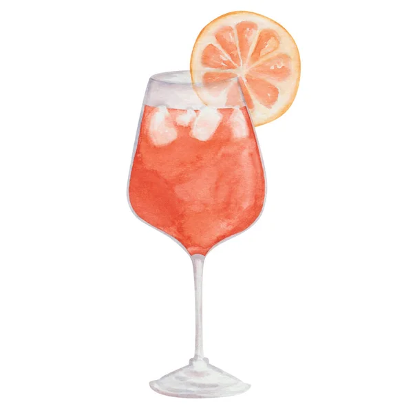 Watercolor Hand Painted Orange Cocktail Glass Slice Fruit Orange Cubical — Stockfoto