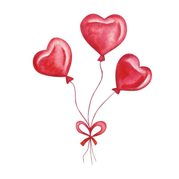 Watercolor Illustration Hand Painted Red Air Ballons Heart Shape Bow — Stockfoto