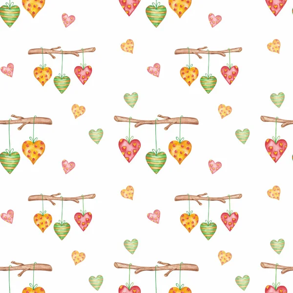 Watercolor Seamless Pattern Hand Painted Illustration Colorful Hearts Hanging Tree — Foto de Stock