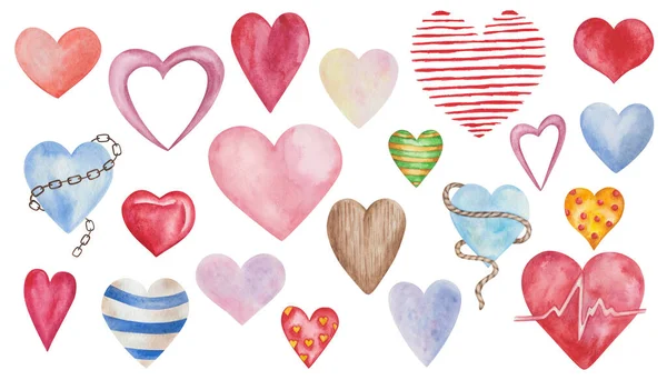 Watercolor illustration of hand painted hearts of different forms, colors, shapes. Isolated on white big set of elements, design clip art for love card, Valentine\'s Day, wedding invitation, birthday