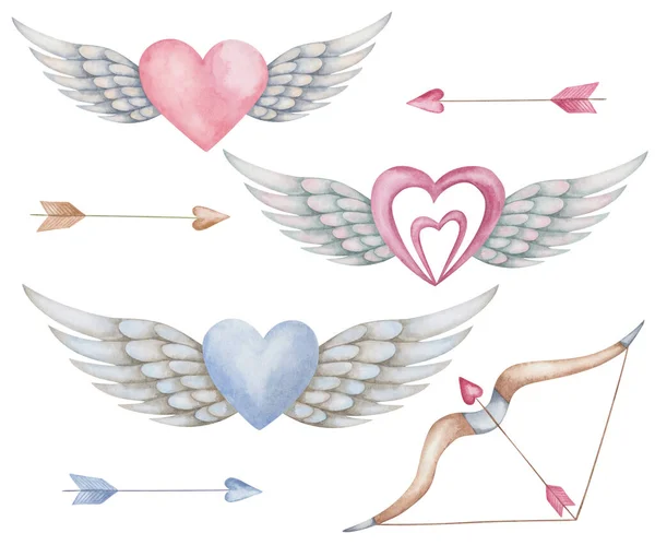 Watercolor Illustration Hand Painted Pink Blue Hearts Grey Bird Wing — Stockfoto