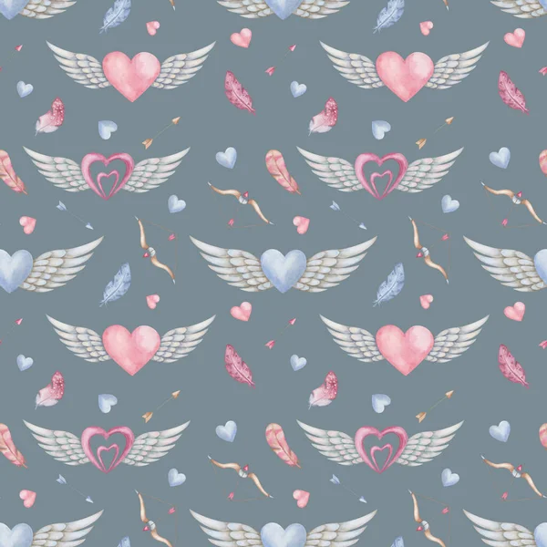 Watercolor Seamless Pattern Hand Painted Illustration Pink Blue Hearts Grey —  Fotos de Stock