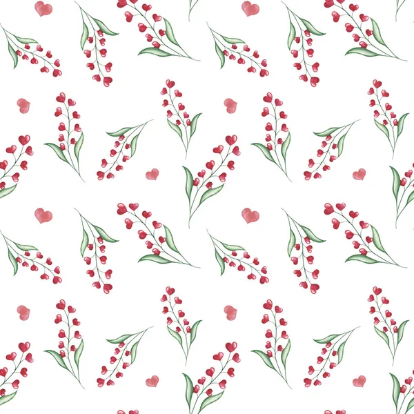 Watercolor seamless pattern from hand painted illustration of red hearts as flowers with green leaves. Design print on white background for design postcard, fabric textile, wedding invitation