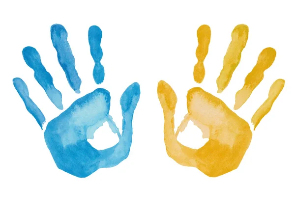 Watercolor Illustration Hand Painted Blue Yellow Prints Hands Men Woman — 스톡 사진