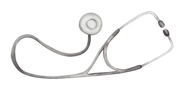 Watercolor Illustration Hand Painted Grey Metal Stethoscope Medical Equipment Heart — Foto Stock