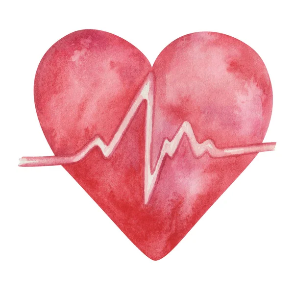 Watercolor Illustration Hand Painted Red Heart Heart Beat Isolated White — Stockfoto