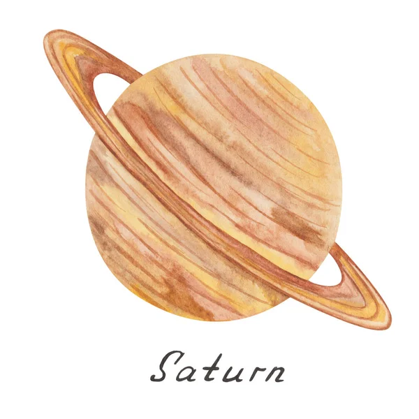 Watercolor Illustration Hand Painted Orange Brown Planet Ring Saturn Planet — Stok fotoğraf