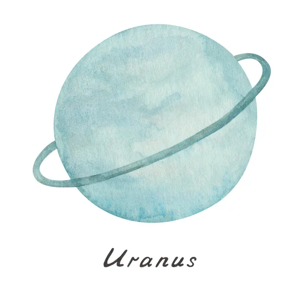 Watercolor Illustration Hand Painted Blue Planet Ring Uranus Space Outer — Zdjęcie stockowe