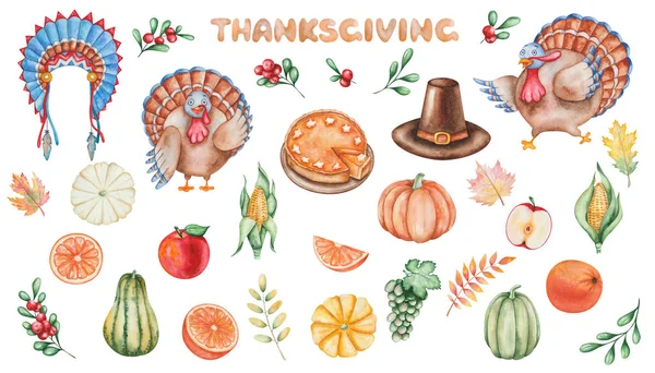 Collection Traditional Thanksgiving Food Cranberry Apple Fruits Grape Pumpkins Oranges — Zdjęcie stockowe