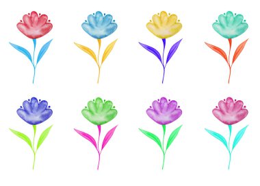 Watercolor illustration of hand painted colorful abstarct flowers in bloom. Isolated on white spring and summer creative clip art elements of wildflower for prints, pattern making, postcards