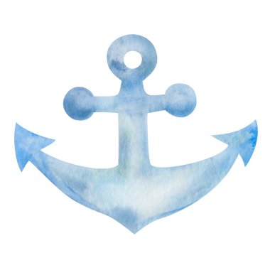 Watercolor illustration of hand painted blue anchor for ship, vessel, boat in simple style. Marine item for sea, ocean. Isolated on white design clip art element for textile print, summer card, poster