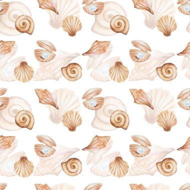 Watercolor seamless pattern from hand painted illustration of sea shell in brown beige color with blue jewelry pearl. Ocean animal. Sea life. Marine print on white background for summer fabric textile