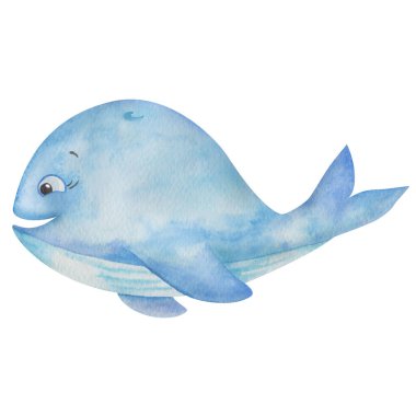 Watercolor illustration of hand painted blue whale. Cartoon character fish with face, smile. Sea animal creature, ocean life. Isolated clip art element for children fabric textile print, postcards