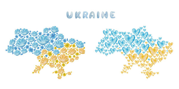 Watercolor illustration of hand painted Ukraine maps from blue and yellow hearts, flowers, hand written word. Colors of Ukrainian flag. Government concept of patriotism, peace. Independence day poster